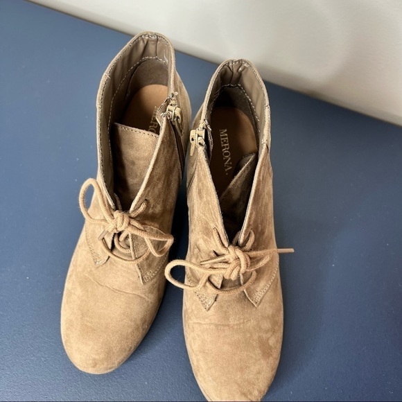 Merona Tan Brown Faux Suede Lace-Up Wedge High Heel Ankle Boot Size 8 - Picture 9 of 16